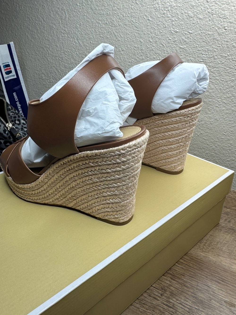 Michael Kors Roslyn Brown Leather Espadrille Wedge Sandals with Gold Zip - Picture 3 of 4